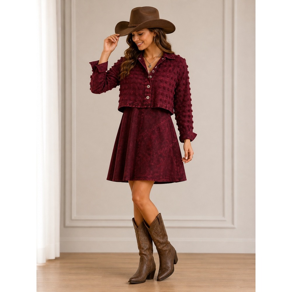 The Produce Co Vintage Burgundy Acid Wash Tufted Jacket and Skirt Set Size S USA